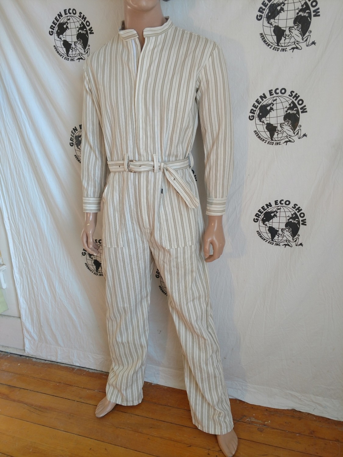 Mens Jumpsuit L Hermans Eco Striped tan White Made in USA