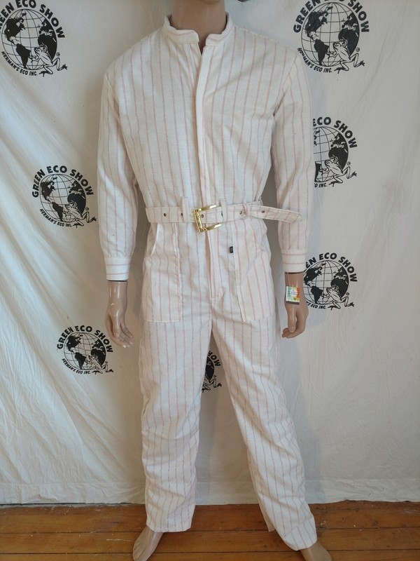 Mens Jumpsuit L Hermans Eco Striped tan White Made in USA