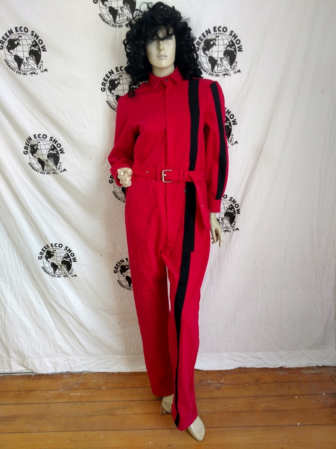 womens Jumpsuit red with sewn on Stripe L X 30 Hermans Eco USA