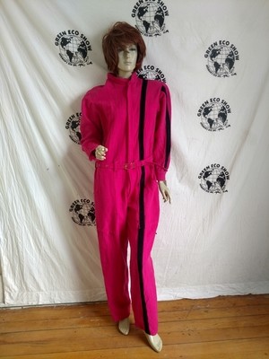 Womens Jumpsuit Pink Blue cotton canvas Hermans USA L X 31