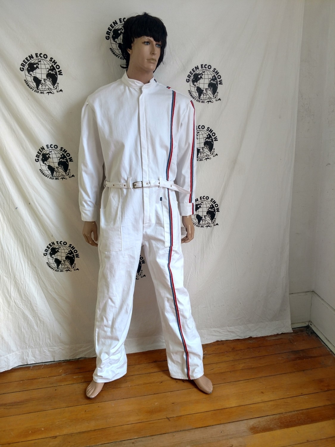 Mens Jumpsuit XL White Stripe Hermans Eco USA Red White Blue