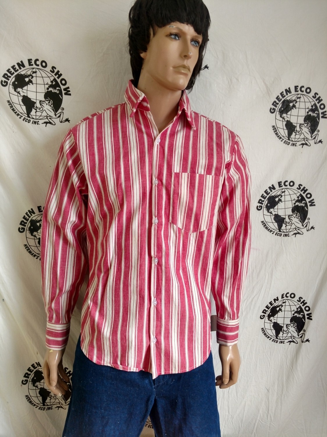 Mens Striped Long Sleeve Shirt Hermans VTG Cotton  Red White USA