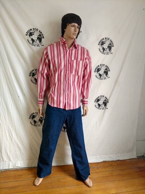 Mens Striped Long Sleeve Shirt Hermans VTG Cotton  Red White USA