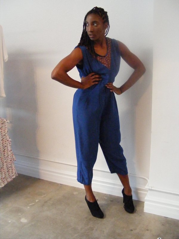 Womens Blue silk Jumpsuit with Stars M Anna Herman USA