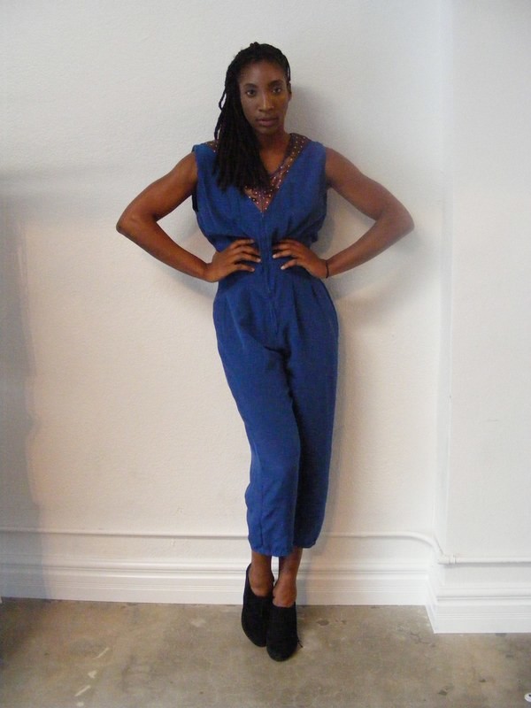 Womens Blue silk Jumpsuit with Stars M Anna Herman USA