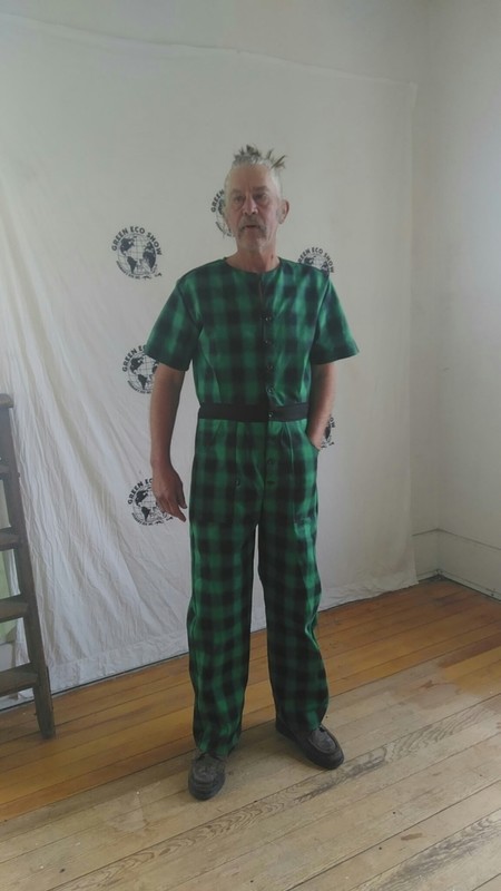 Mens Jumpsuit Green Blk Denim Check button up  M -L
