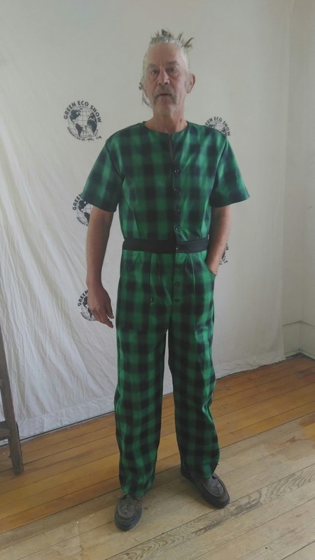 Mens Jumpsuit Green Blk Denim Check button up  M -L