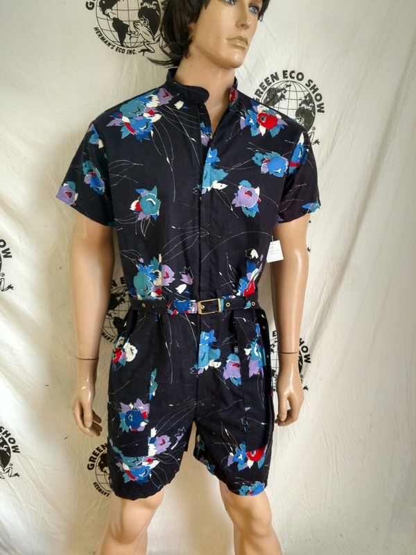 Mens Romper Blk Flower  VTG Cotton XL Hermans USA