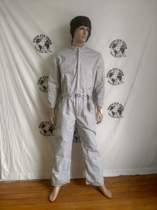 Mens Jumpsuit  Denim Striped VTG Ticking L X 30 Hermans Eco USA