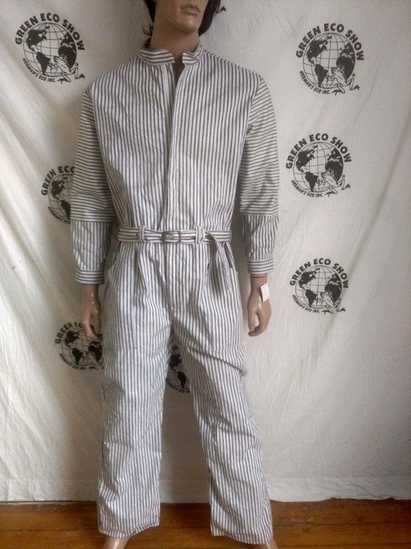 Mens Jumpsuit  Denim Striped VTG Ticking L X 30 Hermans Eco USA