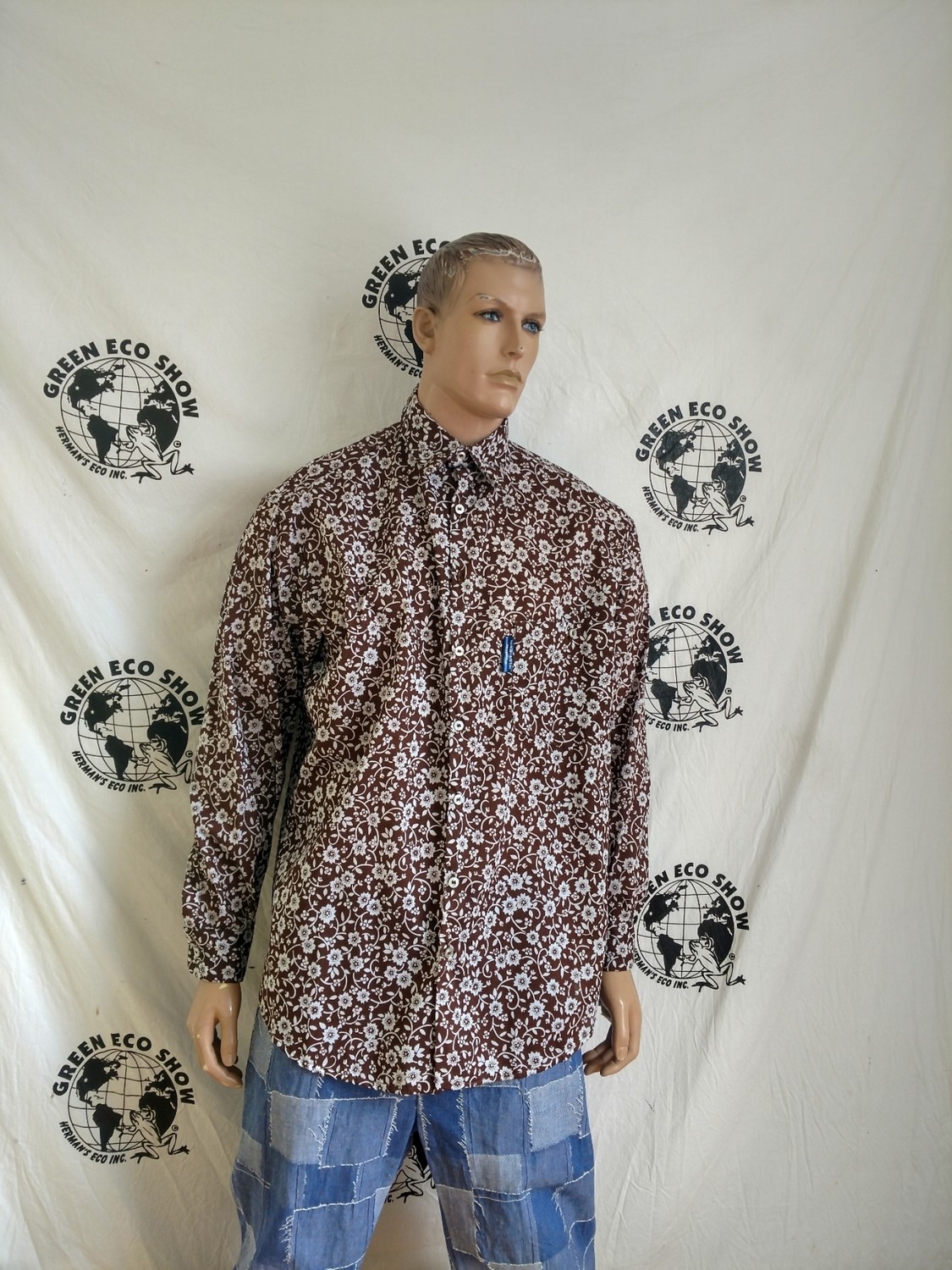 Mens Shirt L/S Hermans  Cotton L USA Brown  with Flowers