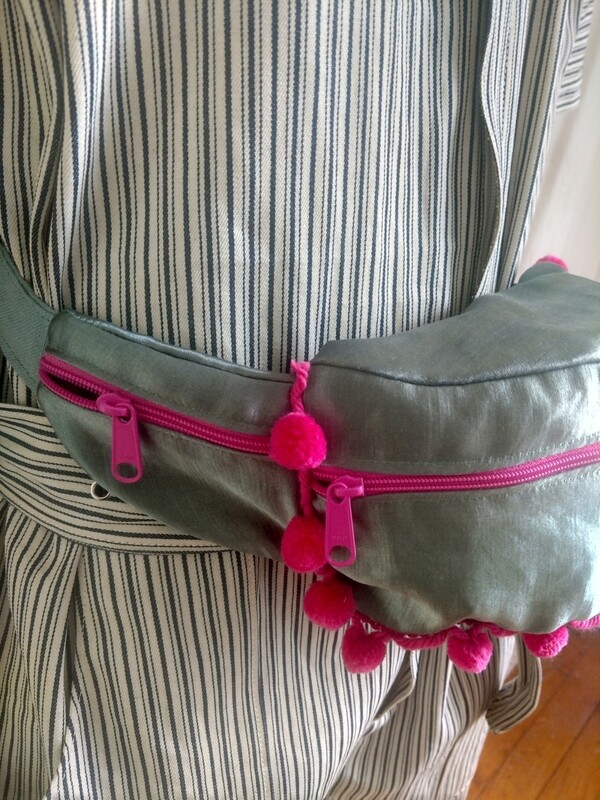 Fanny Pack Hemp Silk Pom Pom Hermans Hemp Green pink USA Hand dyed