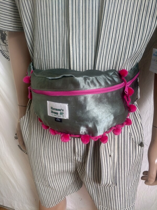 Fanny Pack Hemp Silk Pom Pom Hermans Hemp Green pink USA Hand dyed