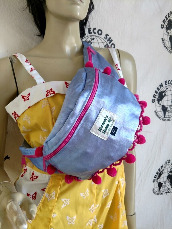 Hermans Hemp Silk Fanny Pack with Pom Poms blue  pink USA