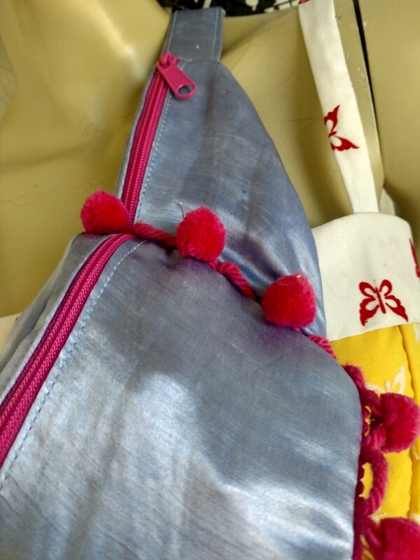 Hermans Hemp Silk Fanny Pack with Pom Poms blue pink USA