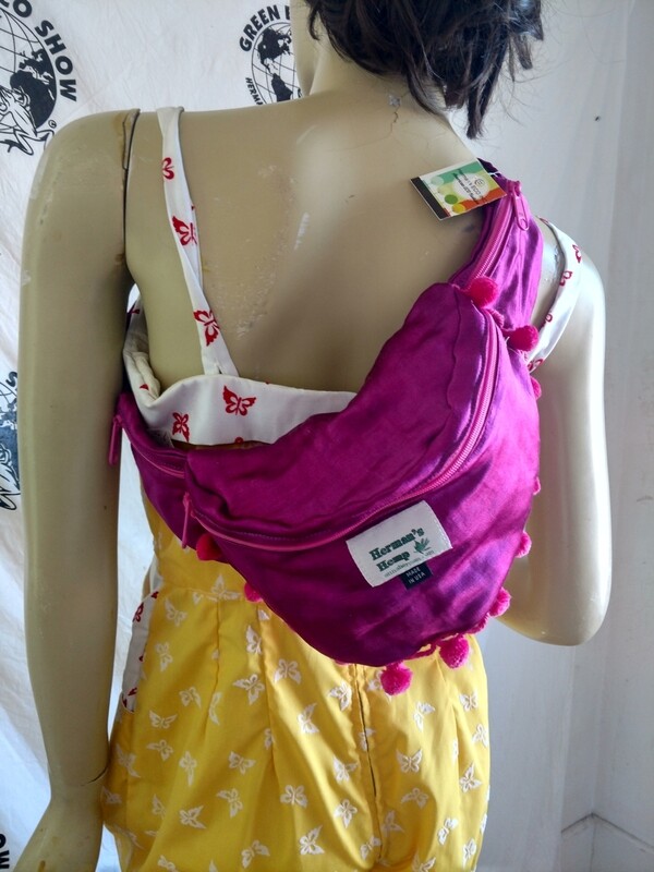 Hermans Hemp silk Fanny Pack  purple pink pom poms USA