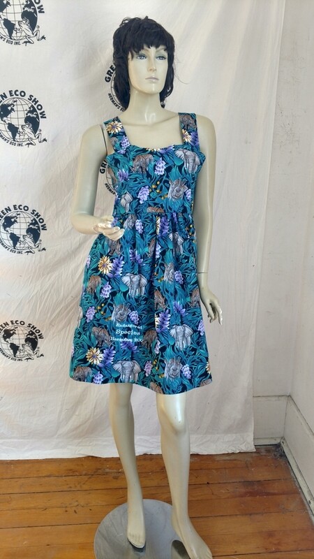 Womens Sun Dress Endangered Species M Elephants  Rhinos w 30&quot; USA