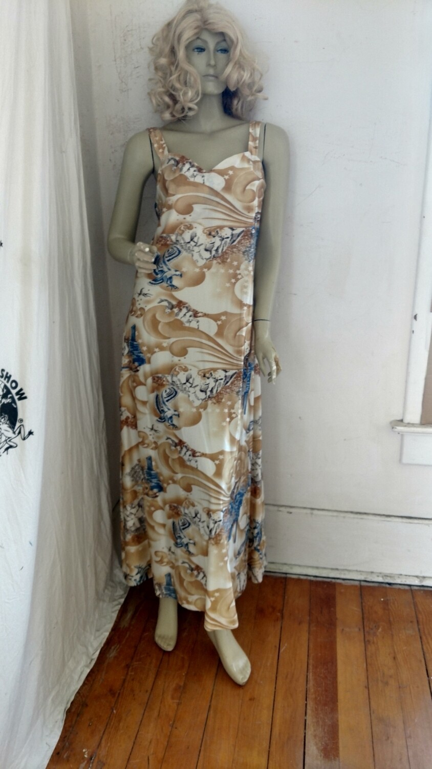 Anna Hermans Dress Gown Vtg Picture poly M - L USA  Eagles and Fish