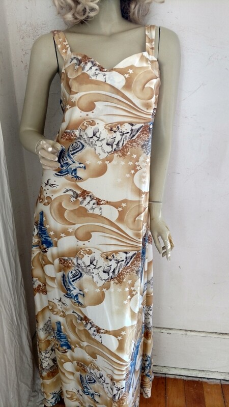 Anna Hermans Dress Gown Vtg Picture poly M - L USA  Eagles and Fish
