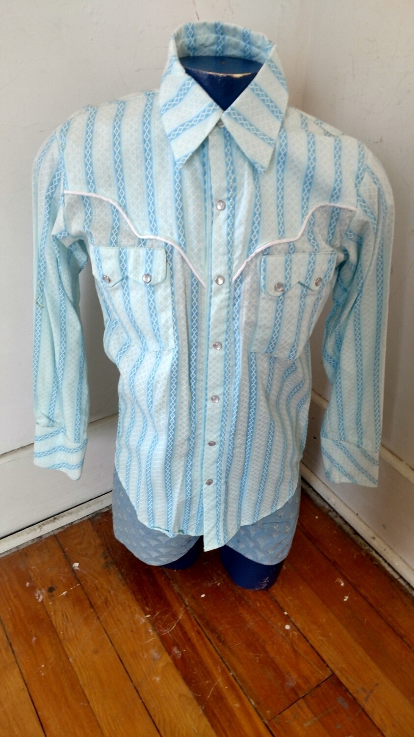 Mens Cowboy Shirt Hermans  M USA  Blue  stripe with piping Pearl Snaps