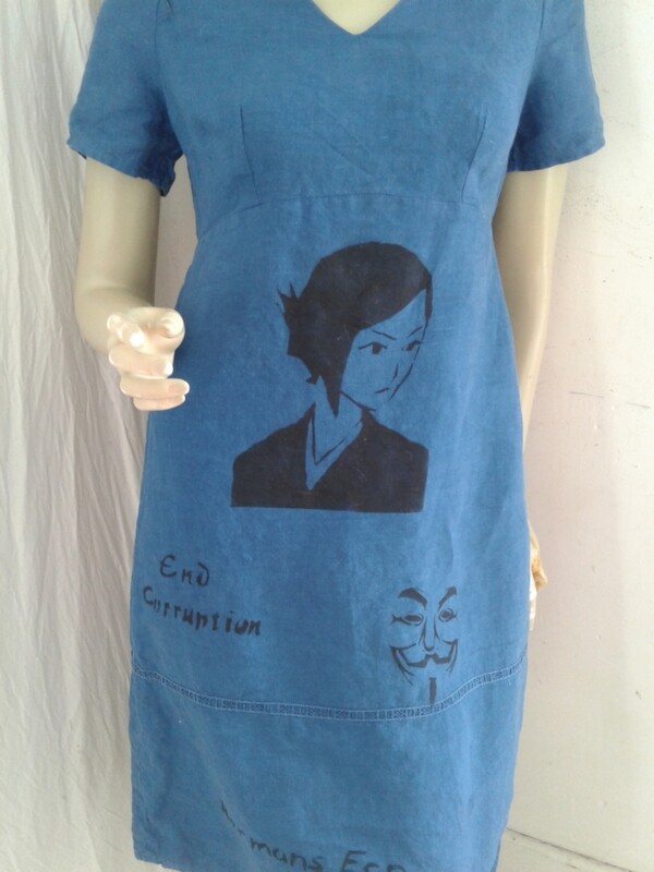 Hermans Hemp airbrushed Grafitti dress blue Small Statute of Liberty