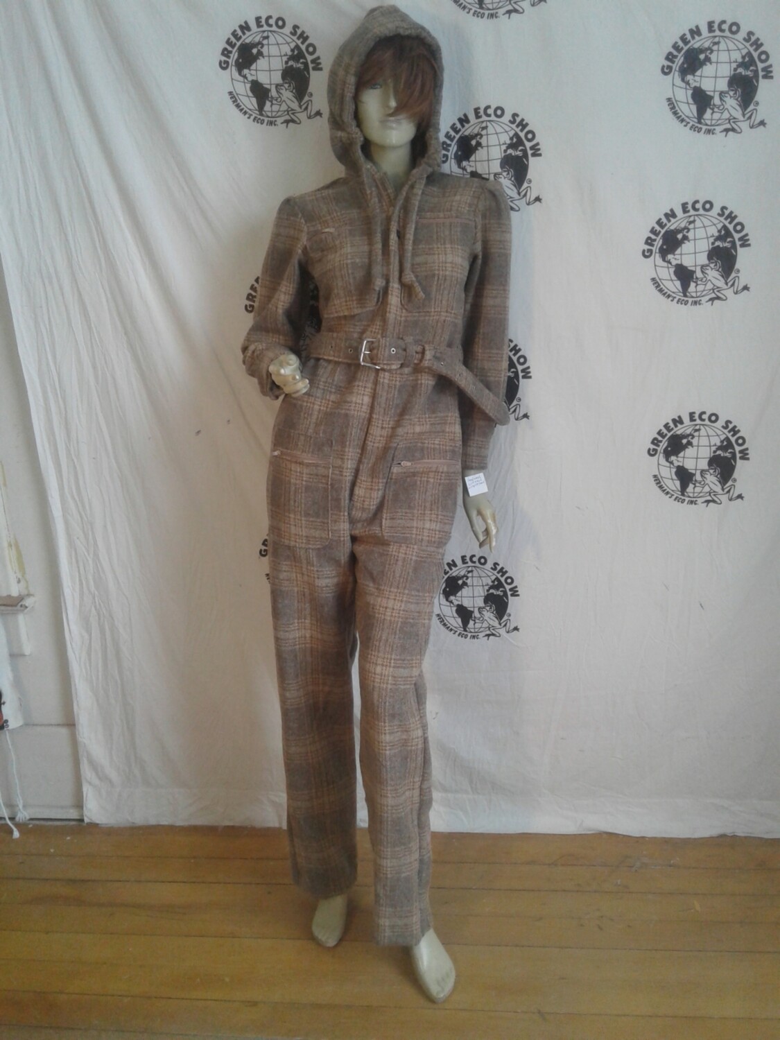 Plaid wool womens jumpsuit Hoodie skiing M Hermans