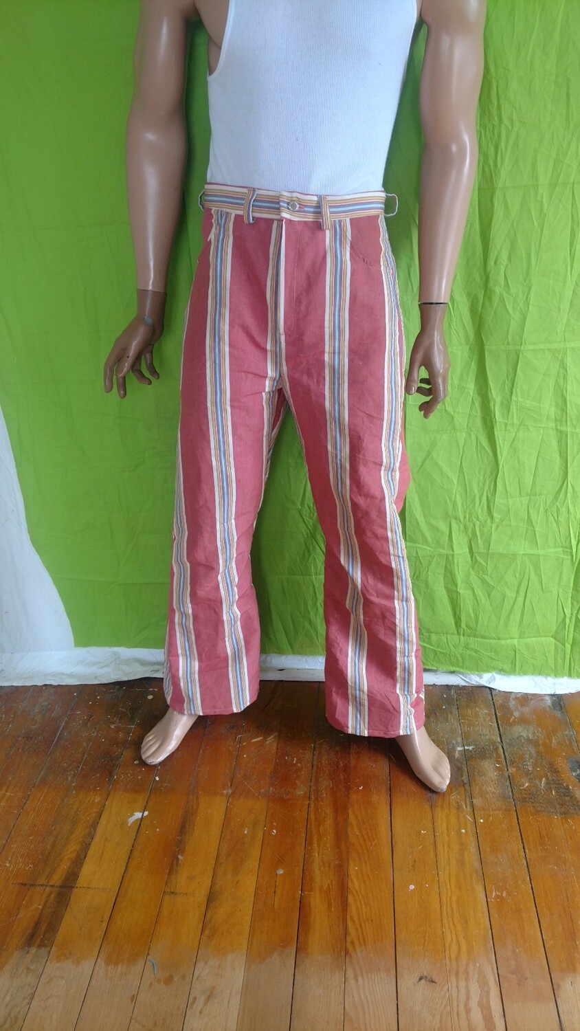 Men's Striped pink high waisted bell bottom pants Jeans 33"