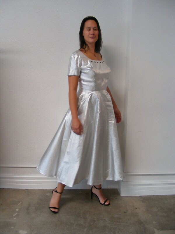 Silver Lamee Party Dress M Hermans Made in USA Rhinestones
