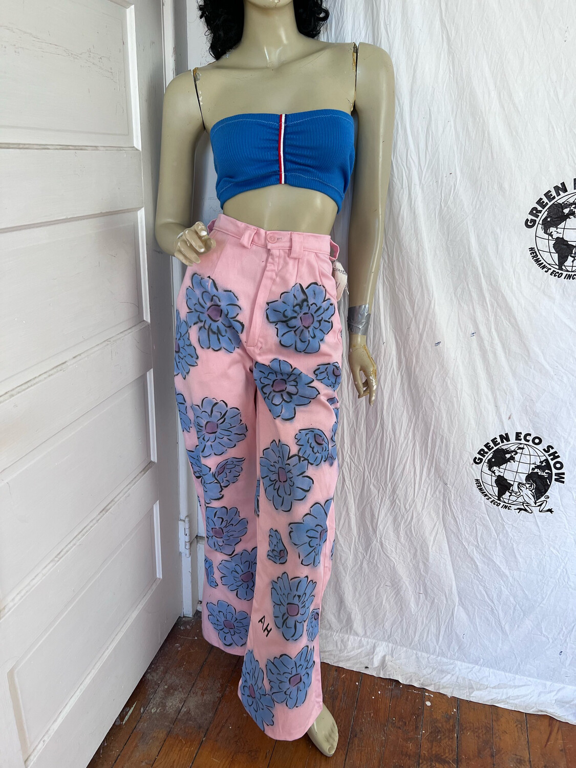 Flower Pants Womens S 27” Pink Hermans Hand Painted