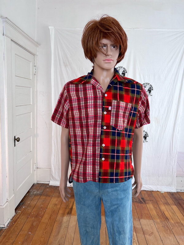 Mens plaid Patchwork Shirt Med Hermans