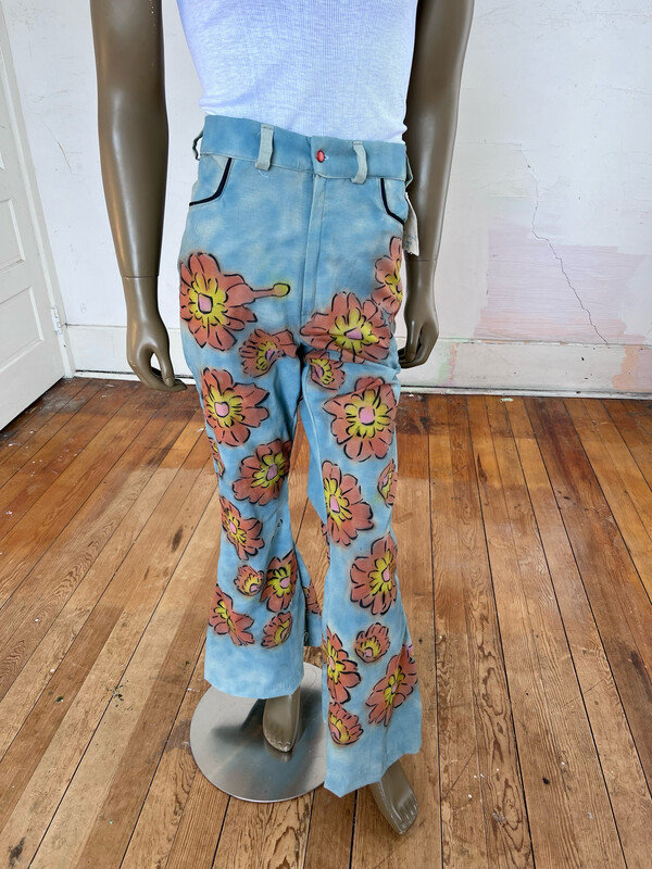 Mens Flower Bell Bottom Pants 31” Painted Anna Herman