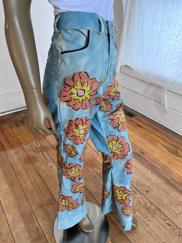 Mens Flower Bell Bottom Pants 31” Painted Anna Herman