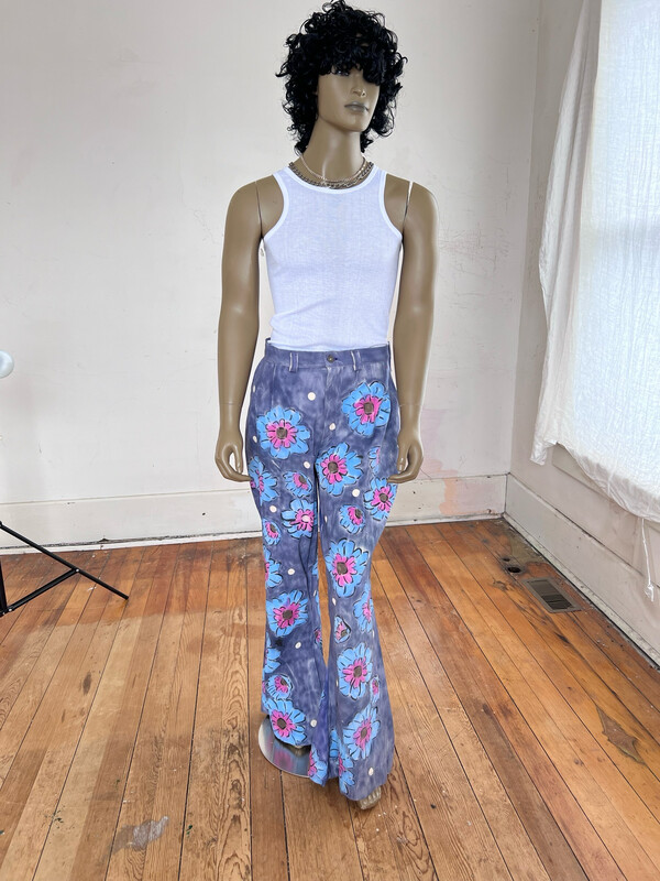 Mens Flower Power Bell Bottom Pants 34-36 Painted