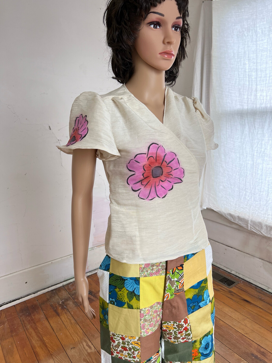 Hermans Hemp Silk Wrap Blouse Mod Flower Med