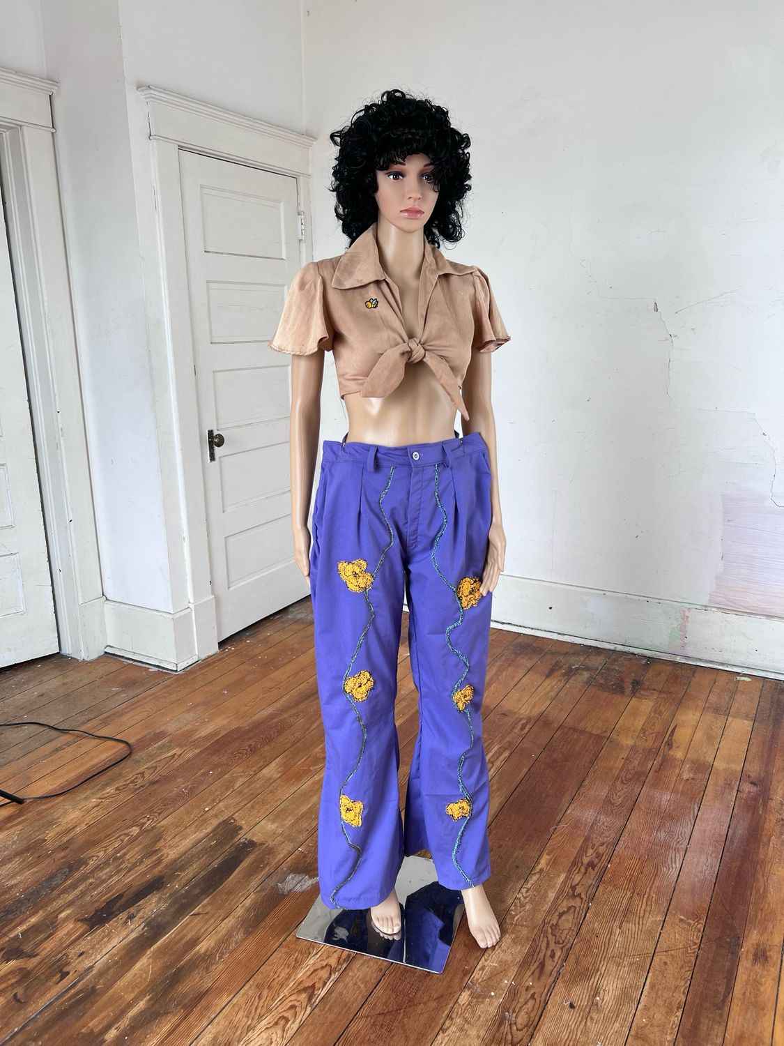 Womens Moss Stitch Embroidered Pants Wide Leg XL By Anna Herman