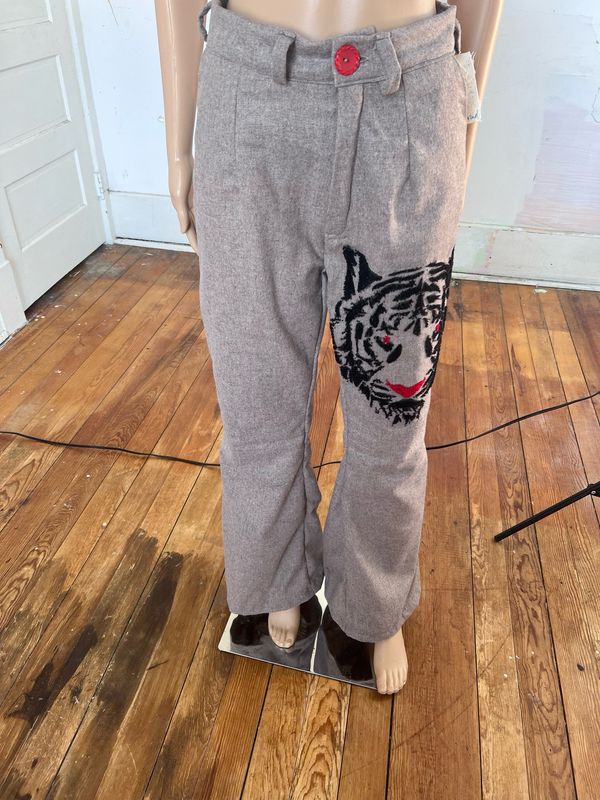 Embroidered Tiger Womens Wool Pant M 28 Moss Stitch By Anna Herman