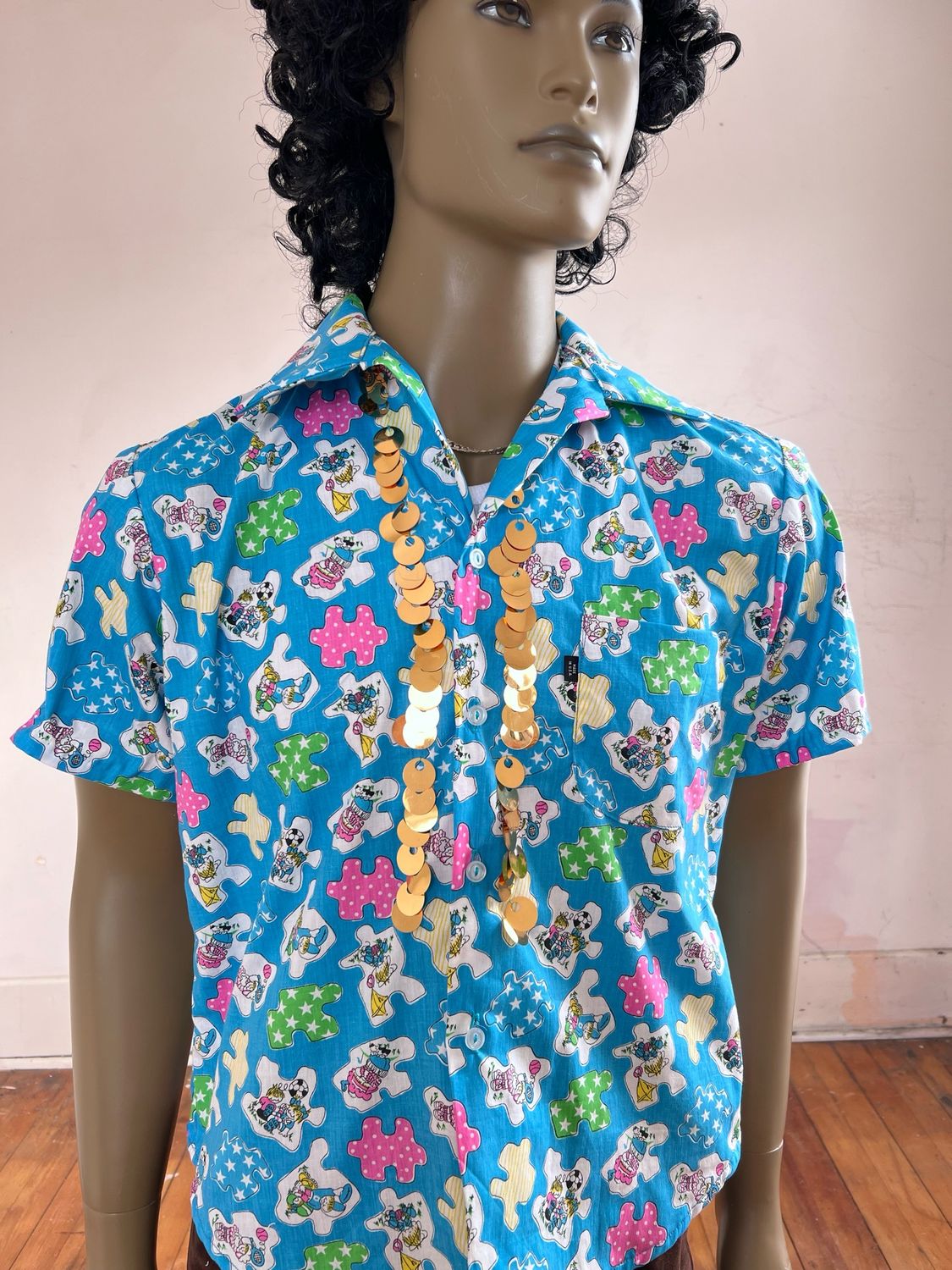 Mens Shirt Cartoon Puzzle Big Gold Sequins By Anna Herman USA