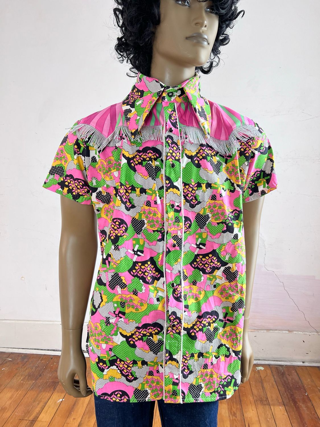 Men’s Cowboy Shirt L MCM Fringe Mod Snap By Anna Herman