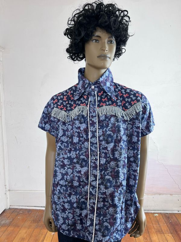 Blue Fringe Cowboy Shirt L By A Herman US