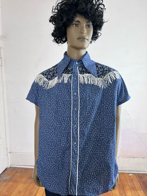 Blue Leaves Cowboy shirt L by A Herman USA