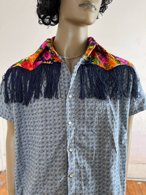 Check & Flowers Cowboy Western shirt L-XL by A Herman USA