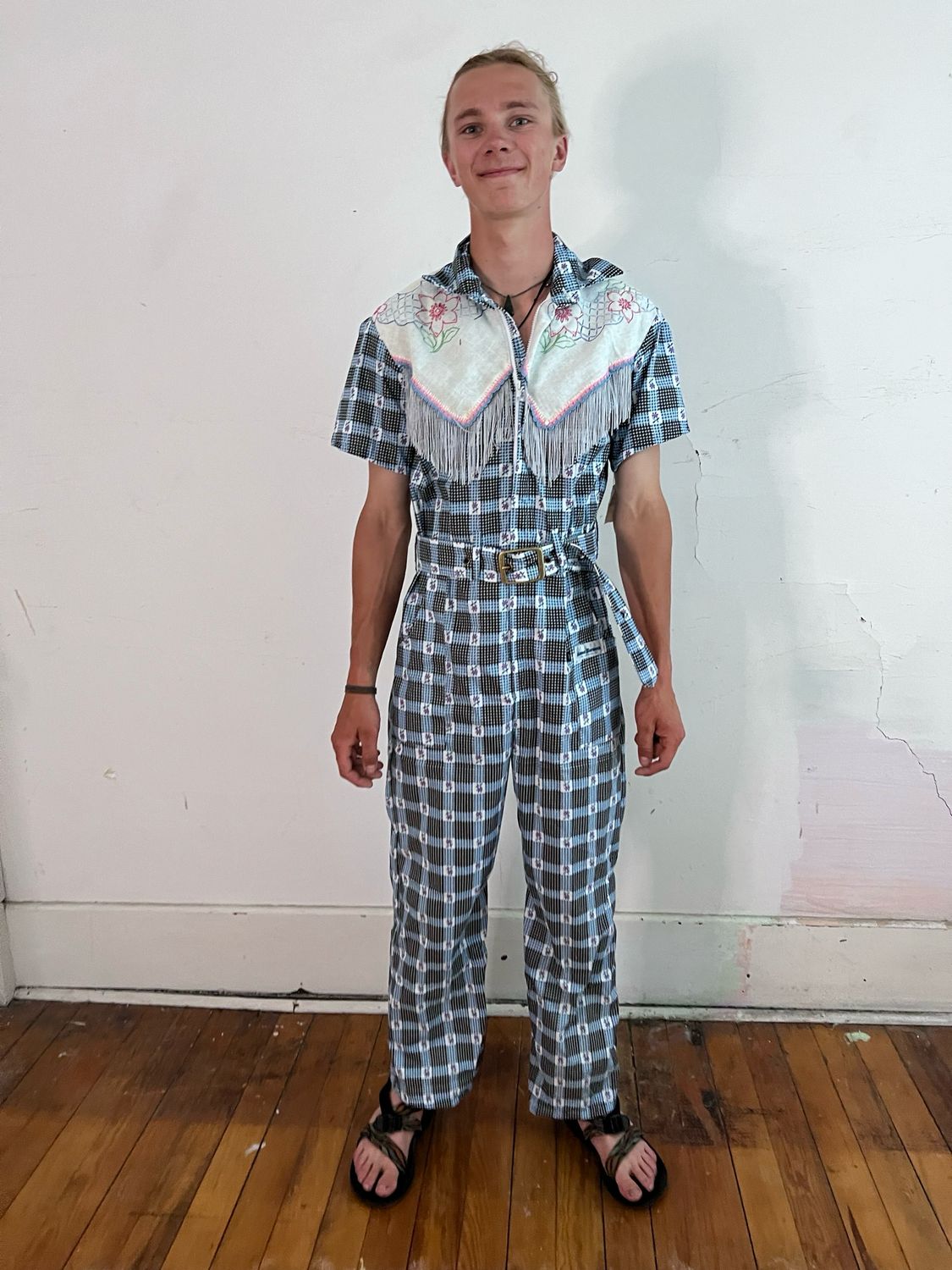 Mens Western Jumpsuit L Plaid Embroidery
