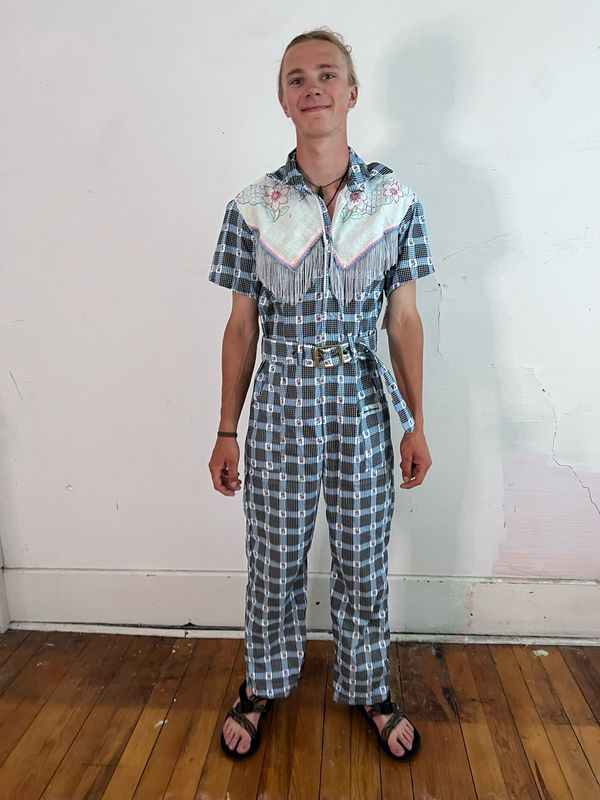 Mens Western Jumpsuit L Plaid Embroidery