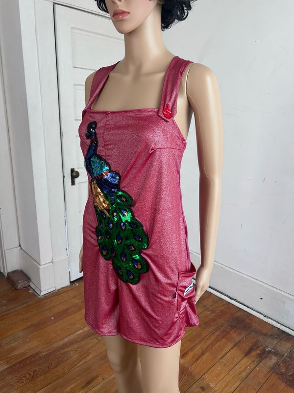 Bib Overalls Jumpsuit M to L By A Herman  Red sparkles with Peacock