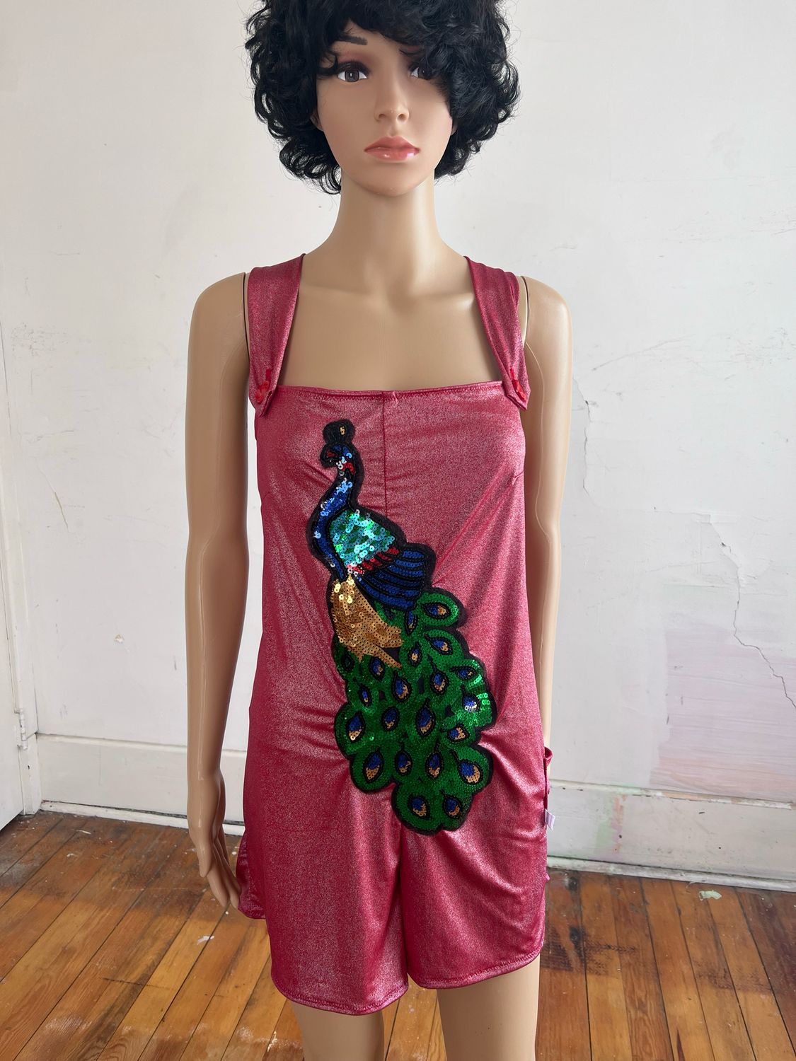 Bib Overalls Jumpsuit M to L By A Herman  Red sparkles with Peacock