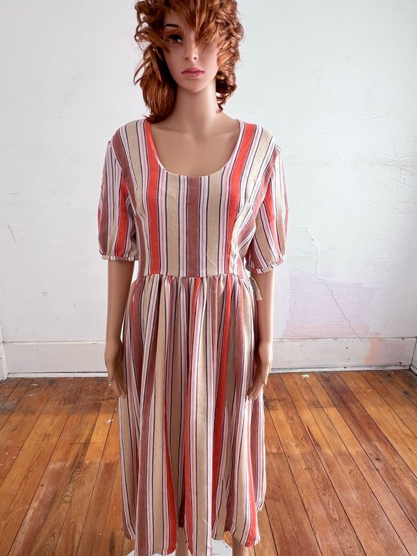 Striped Prairie Dress L 32” W By A Herman USA