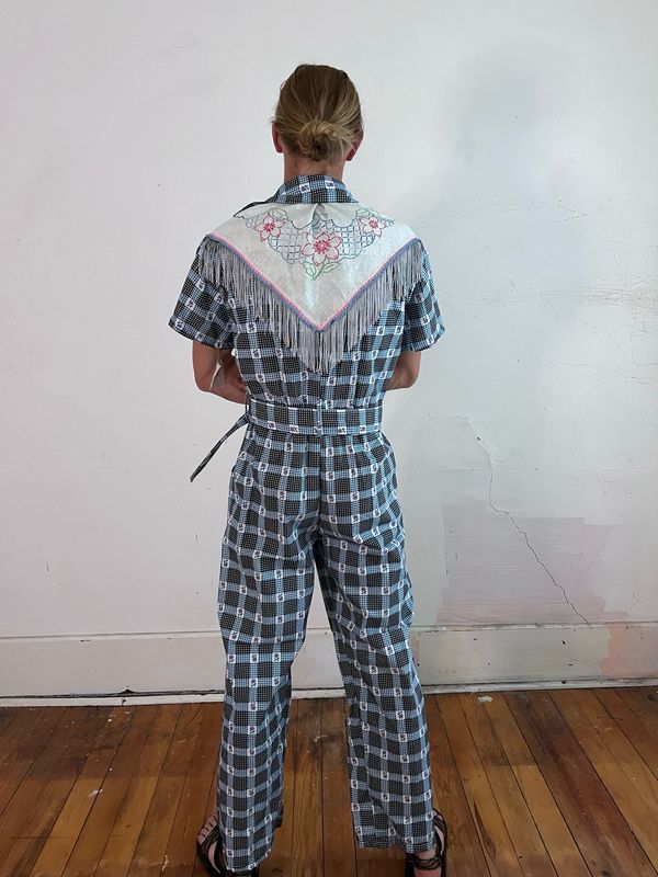 Mens Western Jumpsuit L Plaid Embroidery