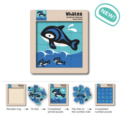 Double Sided wooden Tile Puzzle - Whales