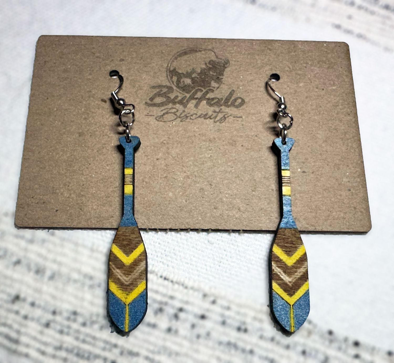 Paddle Earrings - blue/gold/natural wood Paddle Earrings - blue/gold/natural wood