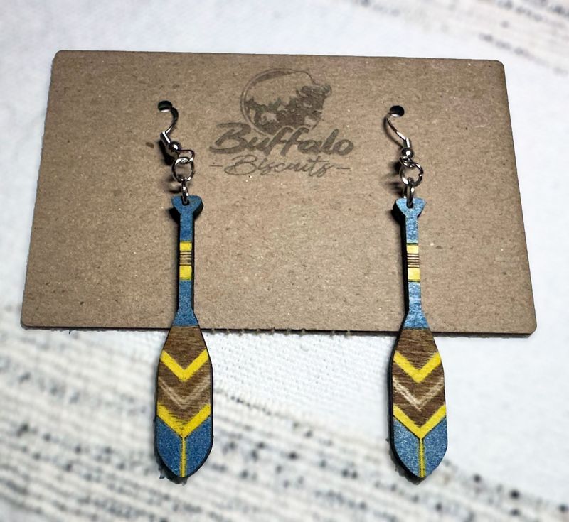 Paddle Earrings - blue/gold/natural wood Paddle Earrings - blue/gold/natural wood